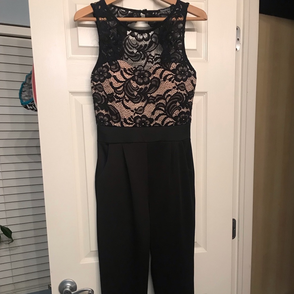 boohoo lace jumpsuit black